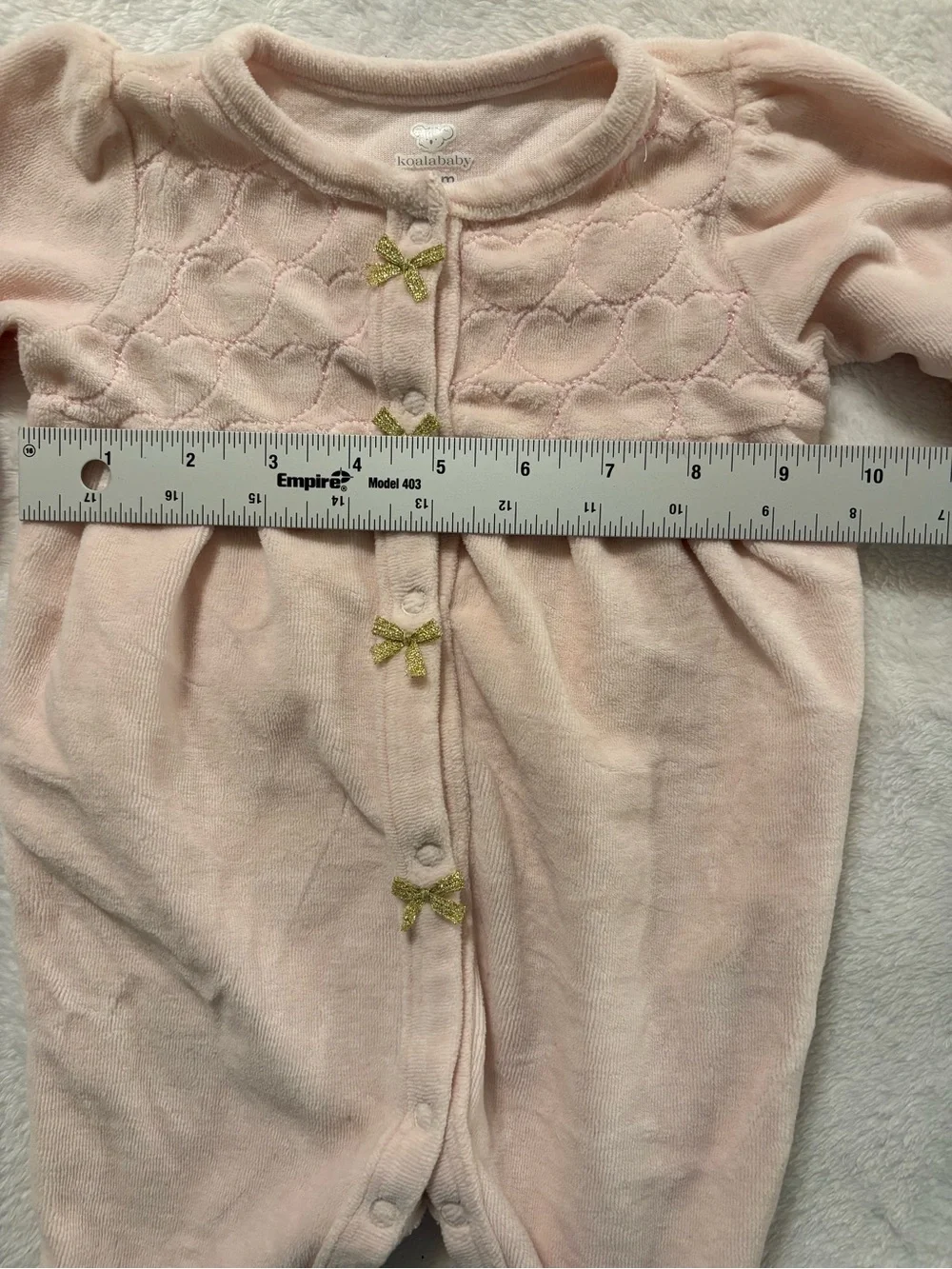 Koala Kids Pale Pink Footed One-Piece with Gold Bow Accents